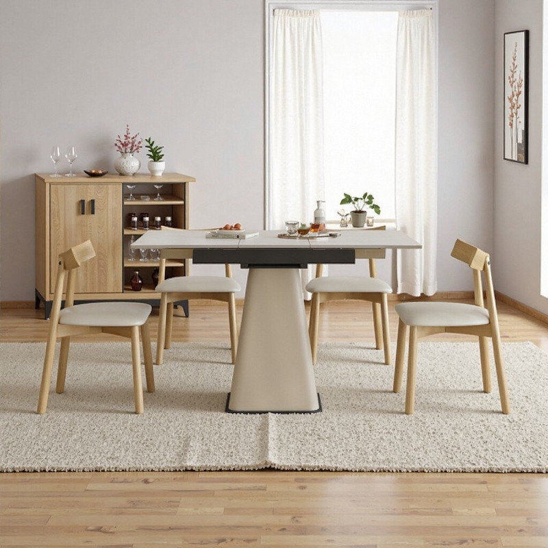 47X47 Extendable Rock Slab Dining Table Set With 4 Solid Wood Leg Chairs & Leather, White;Oak