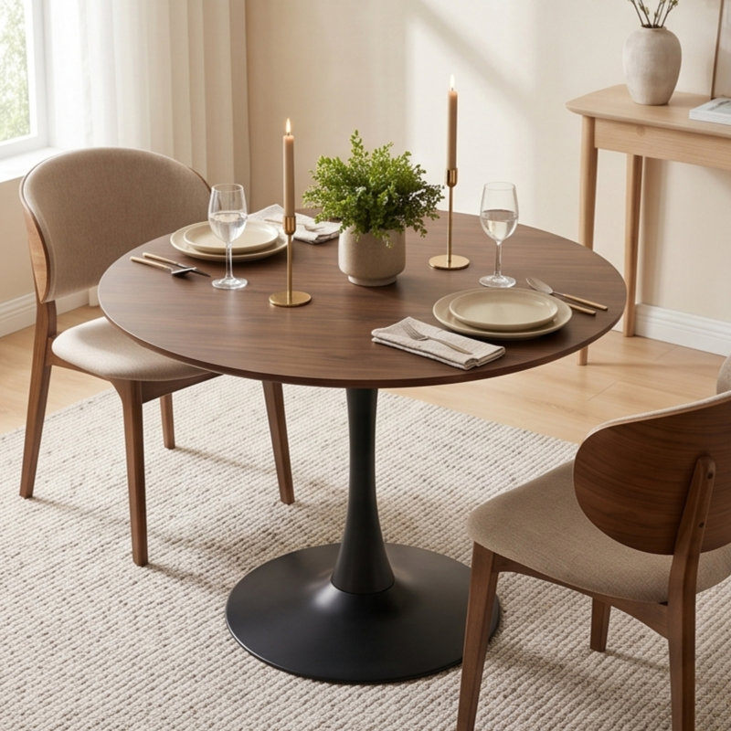 Table de salle à manger ronde 31,5 po Tulip, H 29,1 po x L 31,5 po x l 31,5 po, Noyer, Noir
