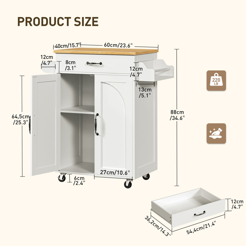 Small Kitchen Island with Storage Cabinet and Drawer, Rolling Kitchen Cart on Wheels with Spice Rack and Towel Rack, White