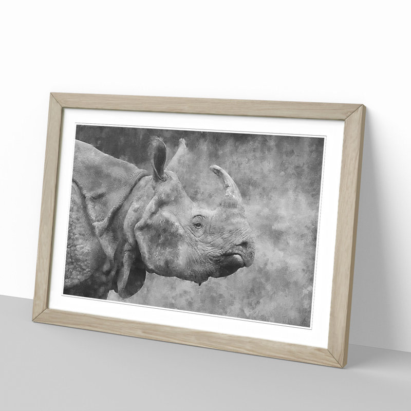 A Rhino - Picture Frame Painting, 36cm H x 48cm W x 2cm D, Oak Framed