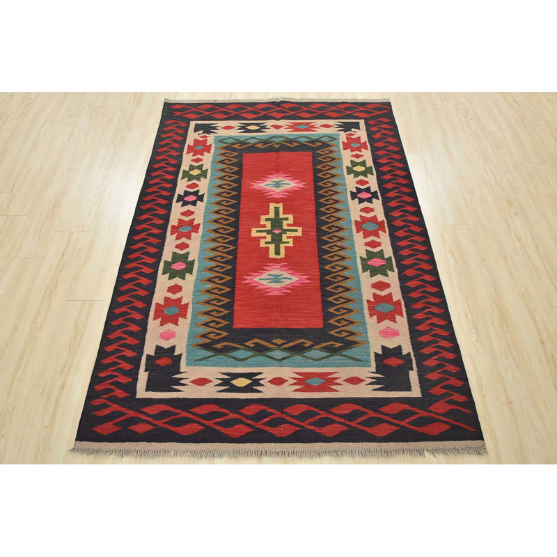 Tapis rouge / noir en laine noué à la main de conception unique 5 pi x 6 pi 11 po