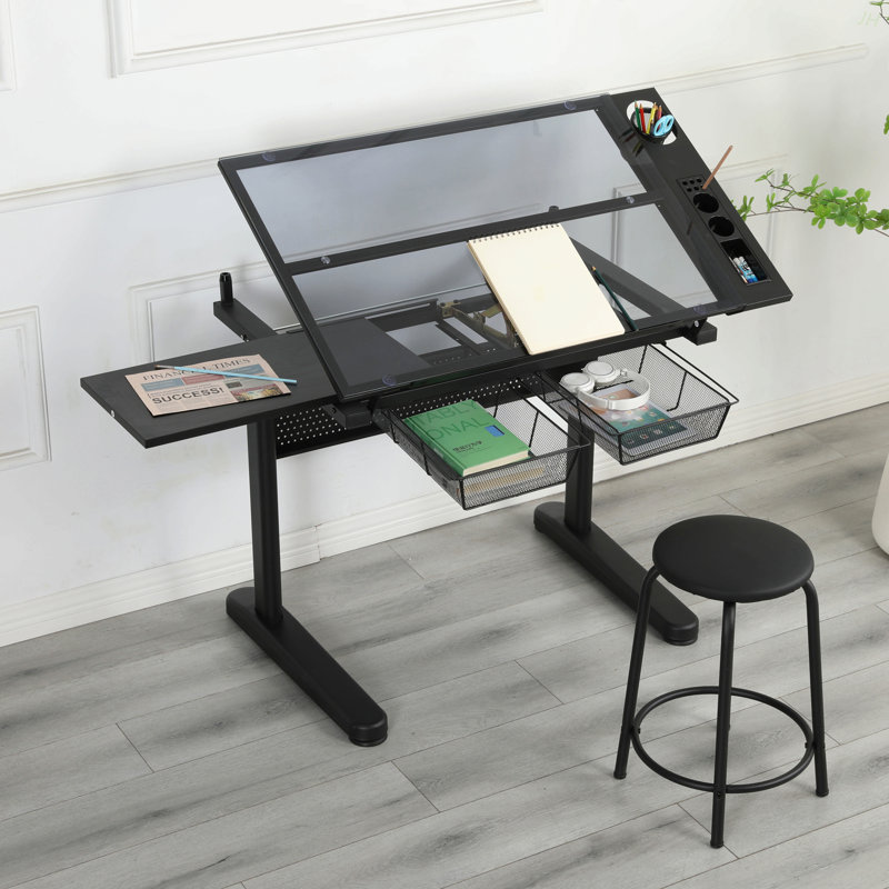Bureau de dessin avec manivelle réglable et 2 tiroirs en métal (noir) avec tabouret, Noir