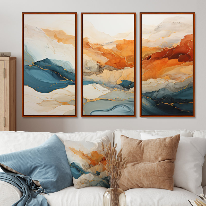 Abstrait orange et bleu rivière encre - ensemble d'art mural en marbre, H 40 po x l 60 po x P 1 po, Cadre flottant brun