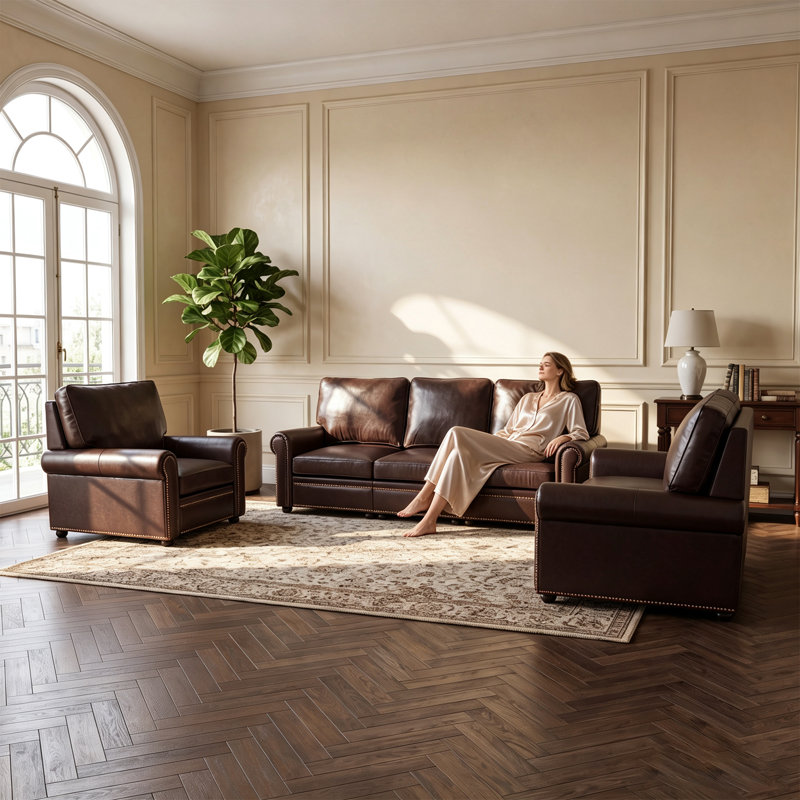 Canapé classique en cuir Chesterfield, 3 Pcs: Chair, Loveseat, Sofa, Brown