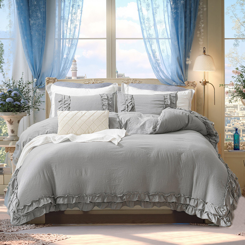 Ensemble d'édredon gris à motif de volants bohème gris, Édredon grand et 2 taies d'oreiller, Gris