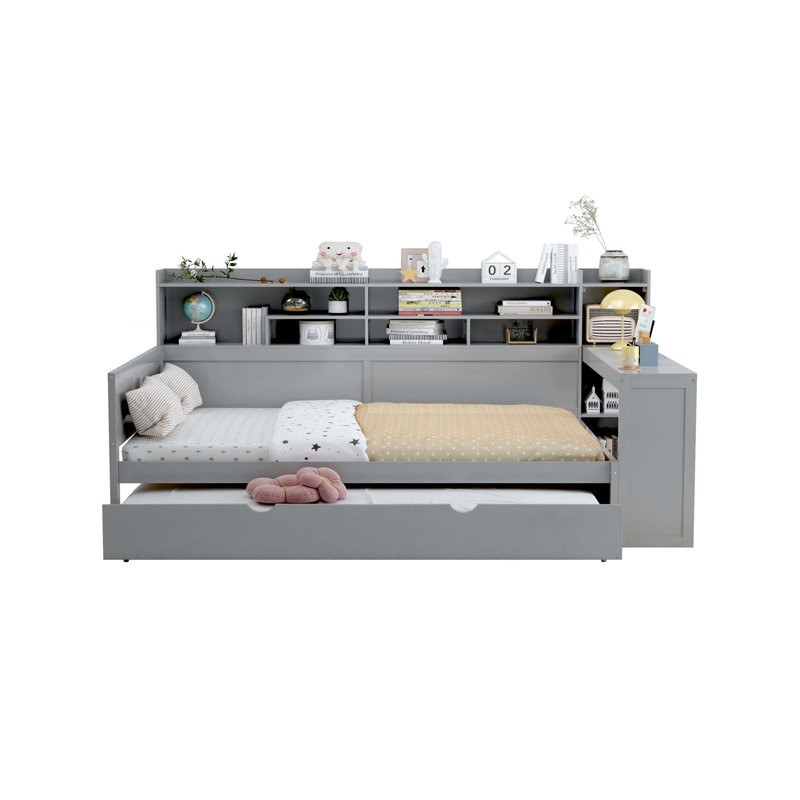 Wooden Daybed with Storage Shelves, Multi-functional Bed with Twin Size Trundle Bed and Study Desk, Full