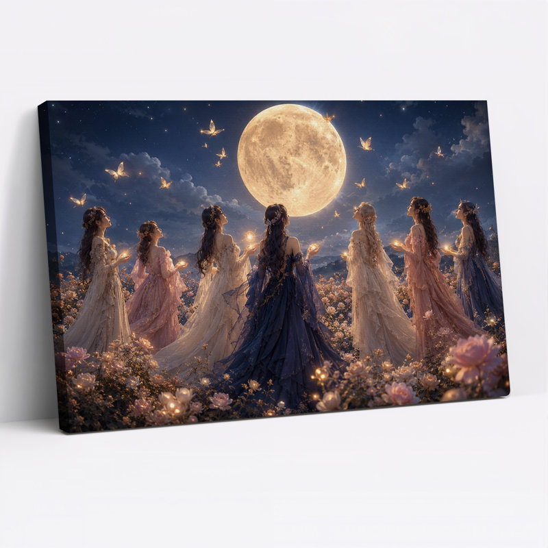 Sept femmes en robes fluides sous la pleine lune - Tableau sur toile pour l'Halloween, H 16 po x l 24 po