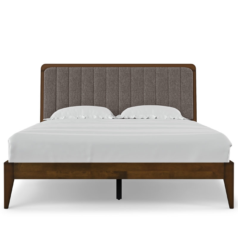 Bethelmie Solid Wood Upholstered Headboard Bed Frame, Queen, Walnut/Brown