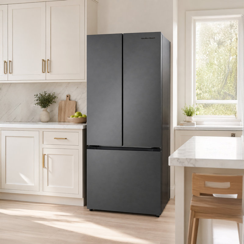Hamilton Beach 16.6 Cu. Ft. French Door Refrigerator, Tempered Glass Shelves and Digital Display, Black Stainless Steel 