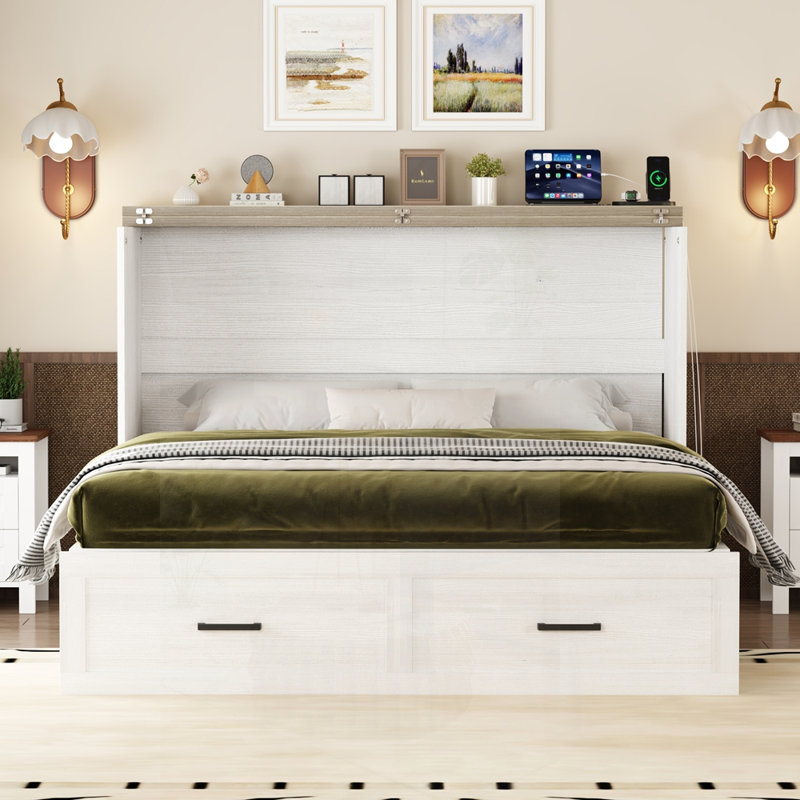 Grand lit escamotable style ferme avec station de charge, lit plateforme pliable avec grand tiroir de rangement pour chambre d'amis, petite chambre