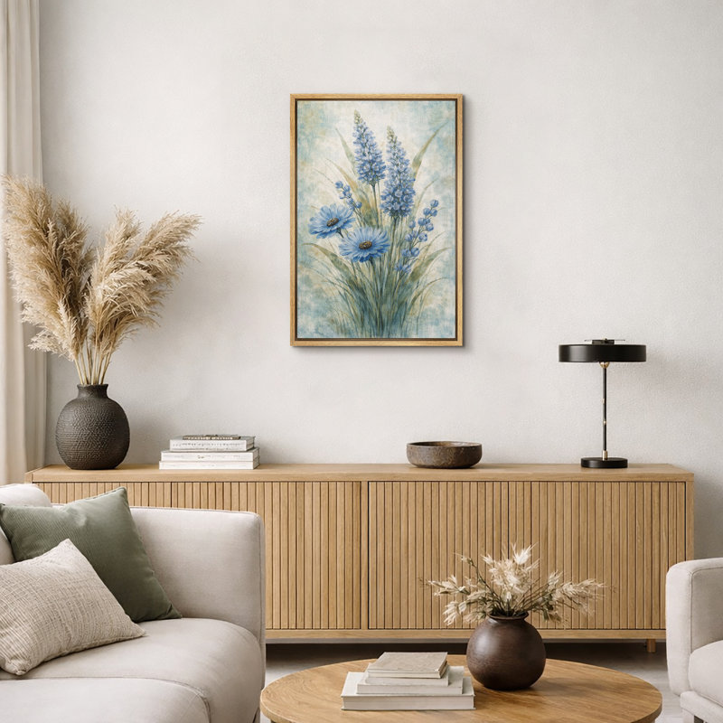 Œuvre botanique bleue de fleurs sauvages, décorations murales florales rétro, impression sur toile encadrée, Cadre naturel