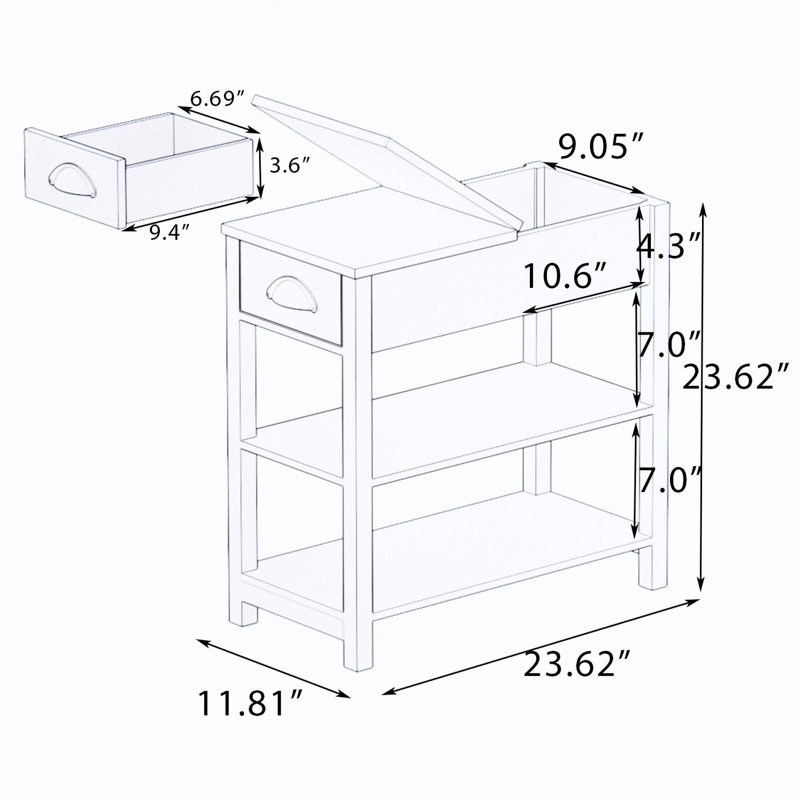 Wood Narrow Sided, Table Sofa Side Table with Drawers and Partition in 180 Flip Over Design, Brown