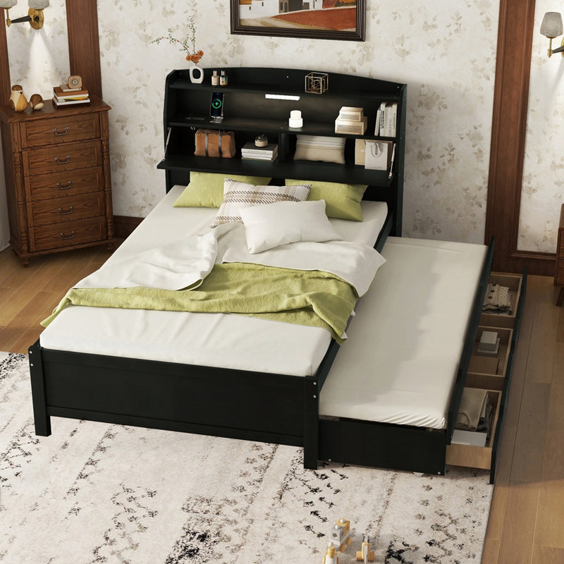 Wooden LED Platform Bed with Trundle, Full, Espresso