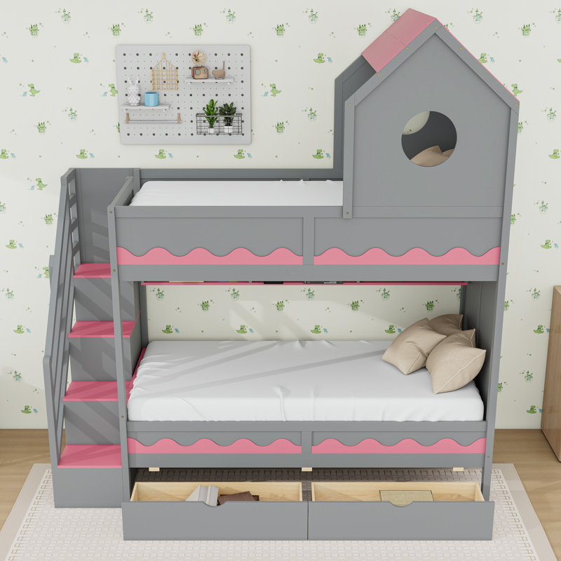 Lit simple au-dessus de simple en bois avec lumière DEL, 2 tiroirs et tablettes, Gris