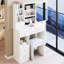 Table de coiffeuse blanche avec tiroir à gauche, miroir coulissant à droite, rangement multicouche, tabouret rembourré, hauteur de 50,4 po et conception américaine pour petits espaces Tabouret de rangement de 29,2 po de profondeur dans les chambres