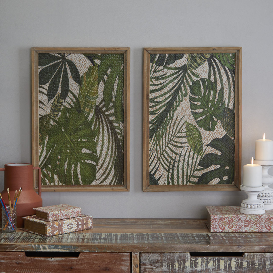 Green Wood Leaf Tropical Home Wall Decor with Brown Frame, Set of 2 17"W, 25"H Beachcrest Home™