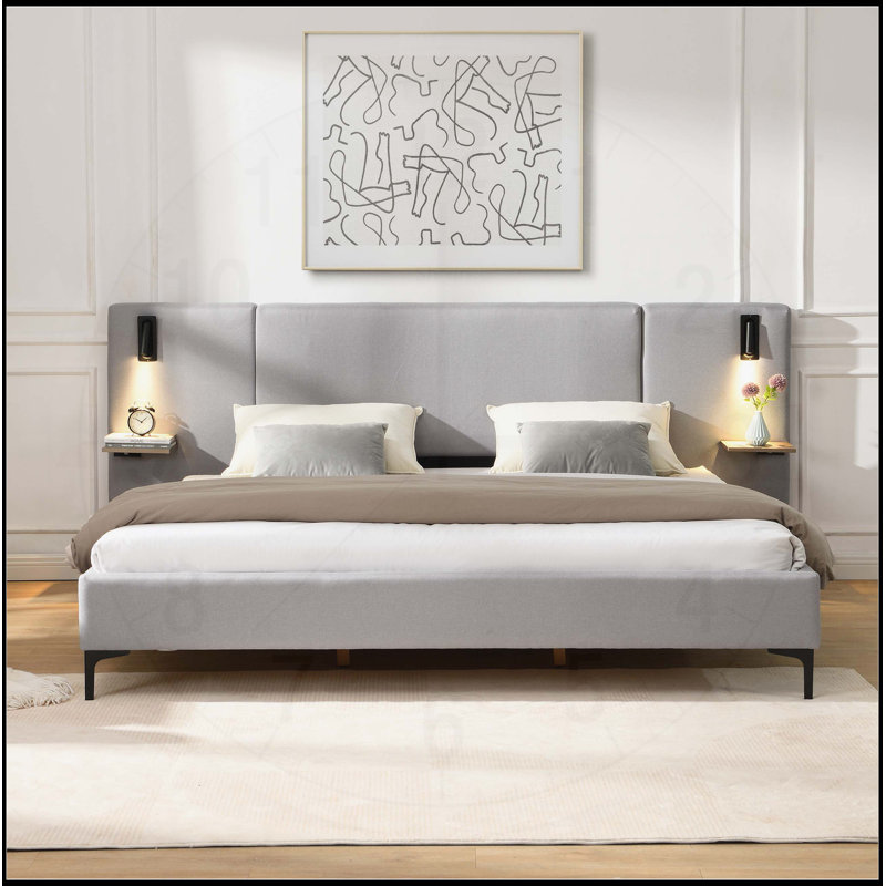 Lit tapissier chic en lin avec lumières et tablettes intégrées, gris, grand lit, Très grand, gris