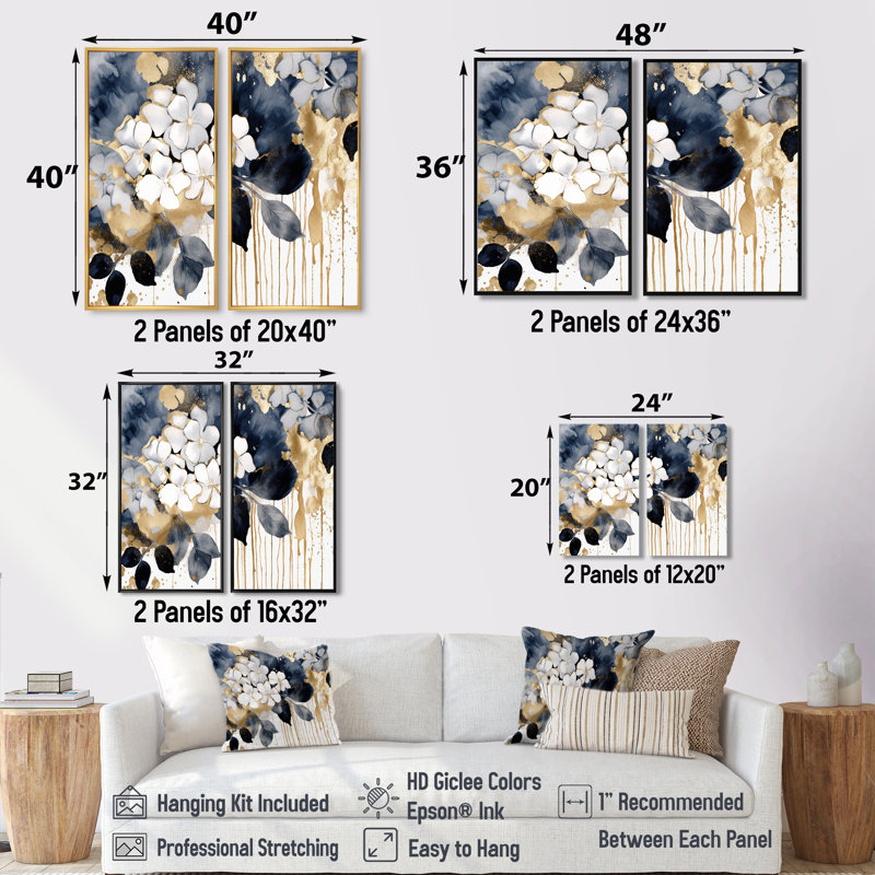 Or blanc hortensia Blooms Heaven I - art mural traditionnel bleu 2 panneaux, H 32 po x l 32 po, Gold