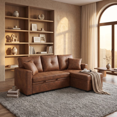 Sectional Sofa with Pull-Out Bed, Reversible Chaise & Storage - Light Brown Fabric and Wood Frame