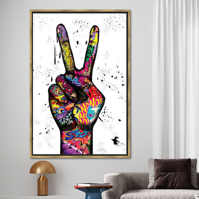 Peace Sign Graffiti Art Painting - Trendy Abstract Wall Decor Featuring Hand Sign Artwork