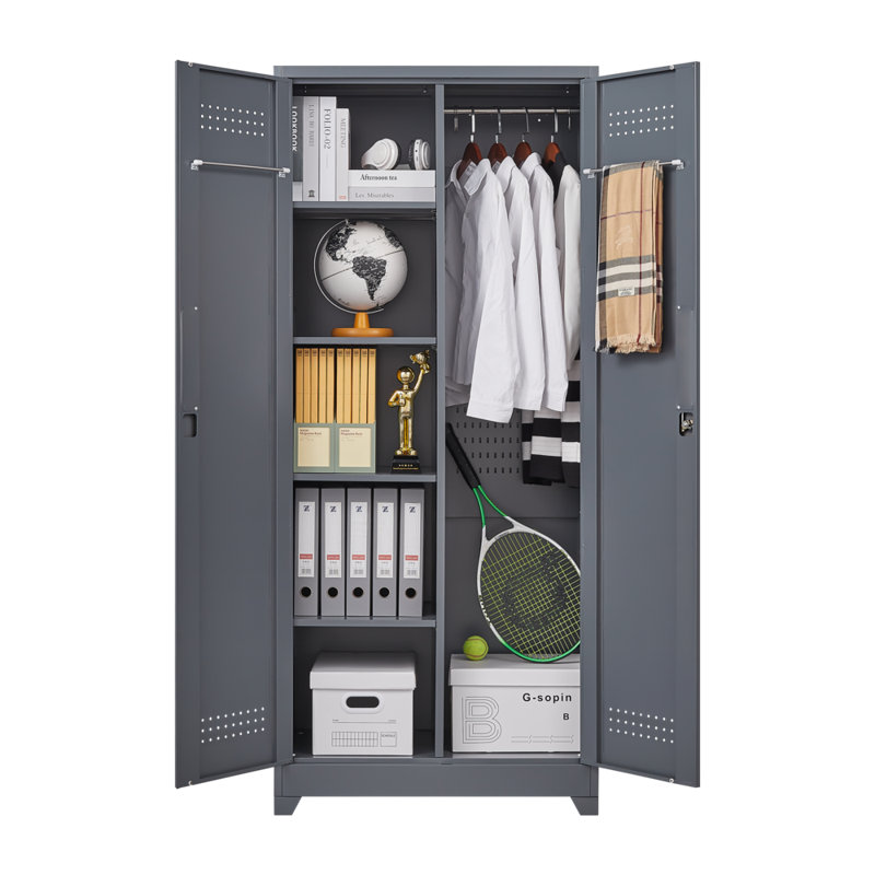 Casier de rangement 72 po en métal robuste avec portes verrouillables | Tablettes réglables et barre à vêtements | Balai multi-usage et armoire à outils pour le garage, le bureau, la cuisine et le magasin
