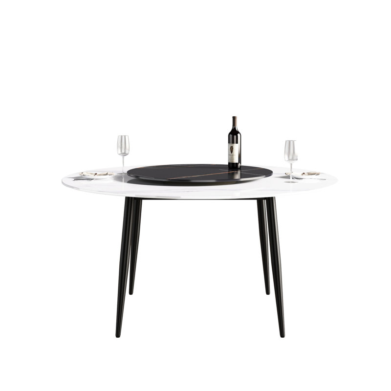 Table de salle à manger 58,71 "avec plateau en pierre artificielle - cadre en métal noir 6 places 31,5" tourne-disque statique statique moderne