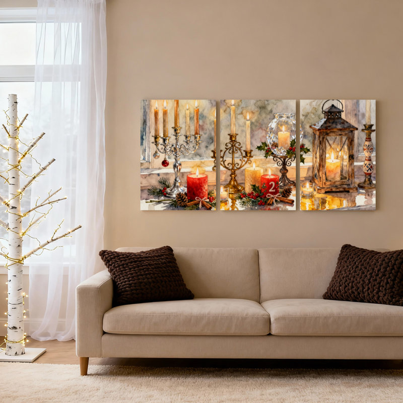 Ensemble de 3 tableaux sur toile représentant des bougies et des lanternes de Noël, pour la décoration du salon, de la chambre et de la maison.
