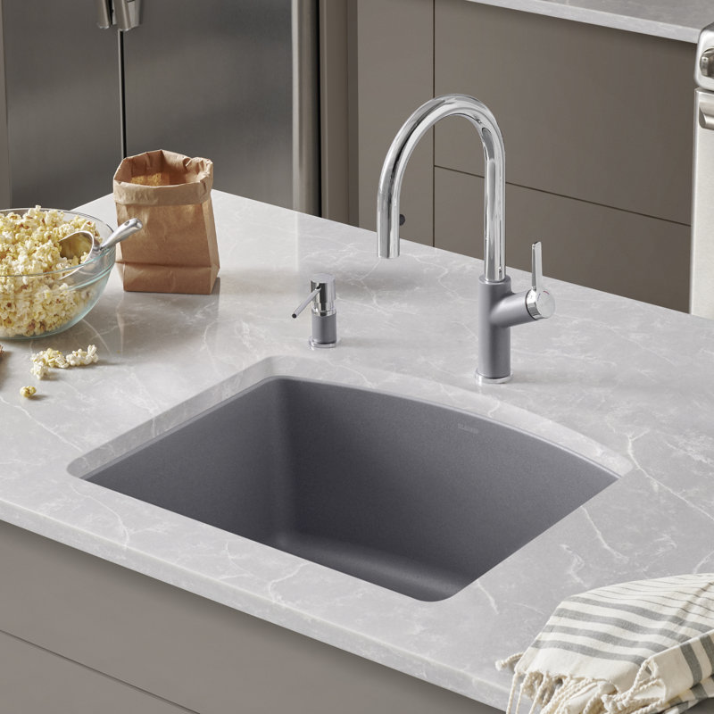 Évier de cuisine en granite à montage sur comptoir et crépine en granite L 25 po x l 22 po Diamond, Gris métallisé