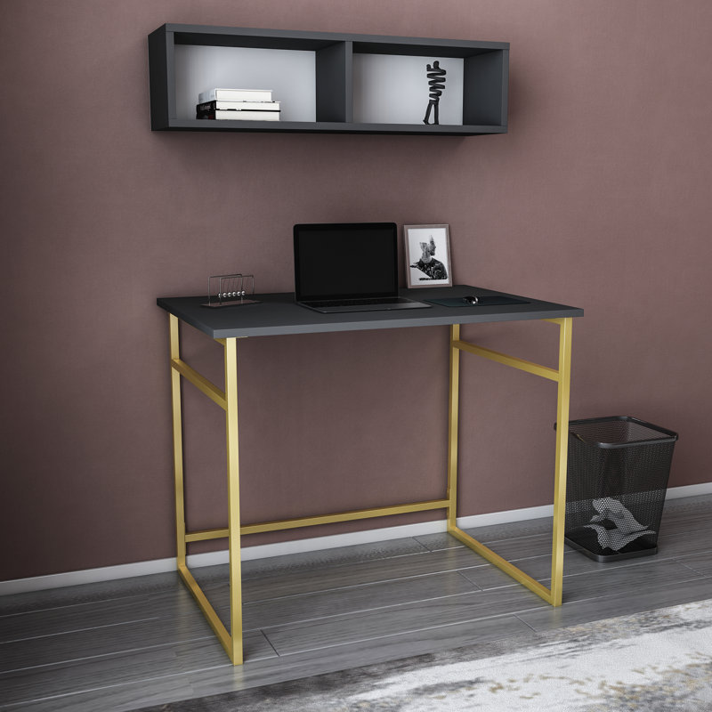 Hussum 90cm W Rectangular Computer Desk, Anthracite/Gold