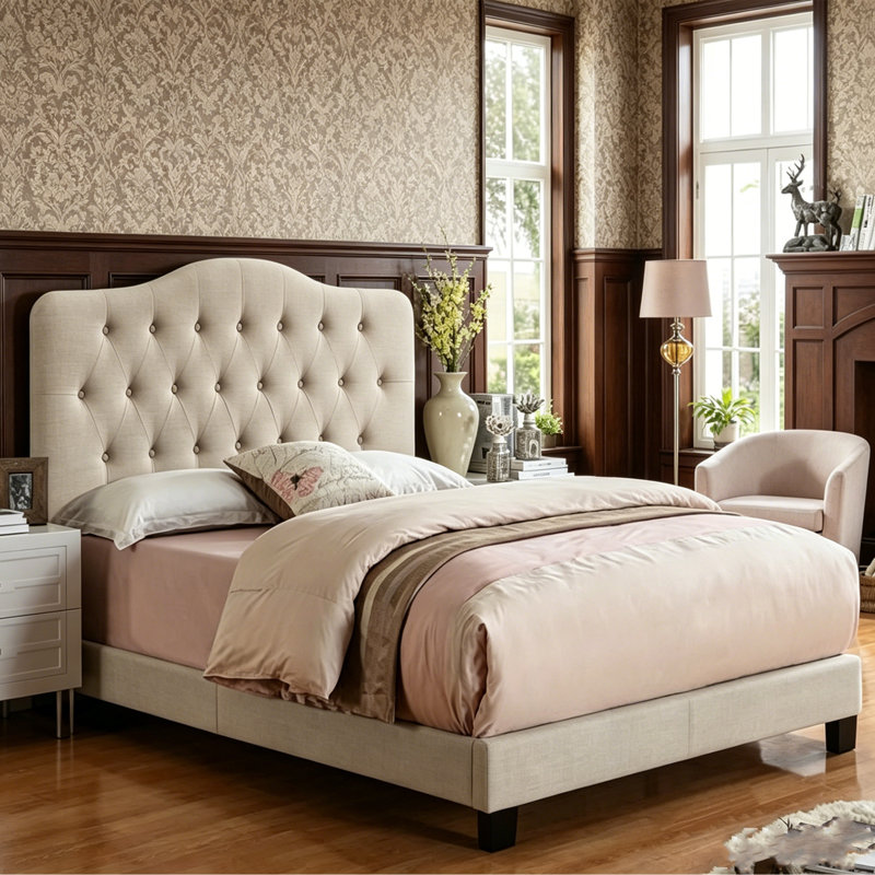 Tête de lit tapissier moderne avec hauteur réglable de 34 po à 43 po, structure en bois massif et boutons en lin - parfait pour toute chambre à coucher