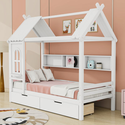 2 Drawers Wooden House Bed With Shelves And Guardrails