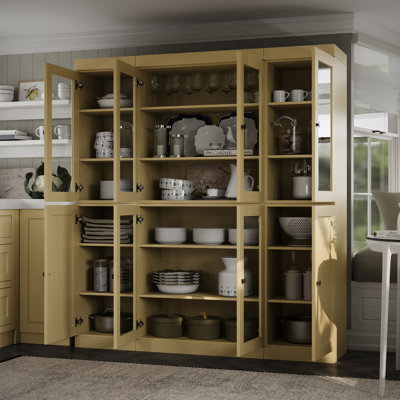 100% Solid Wood Pantry China Cabinet, Clear Glass & Shaker Doors, Adjustable Shelves, 65" Wide, 71.5" Tall