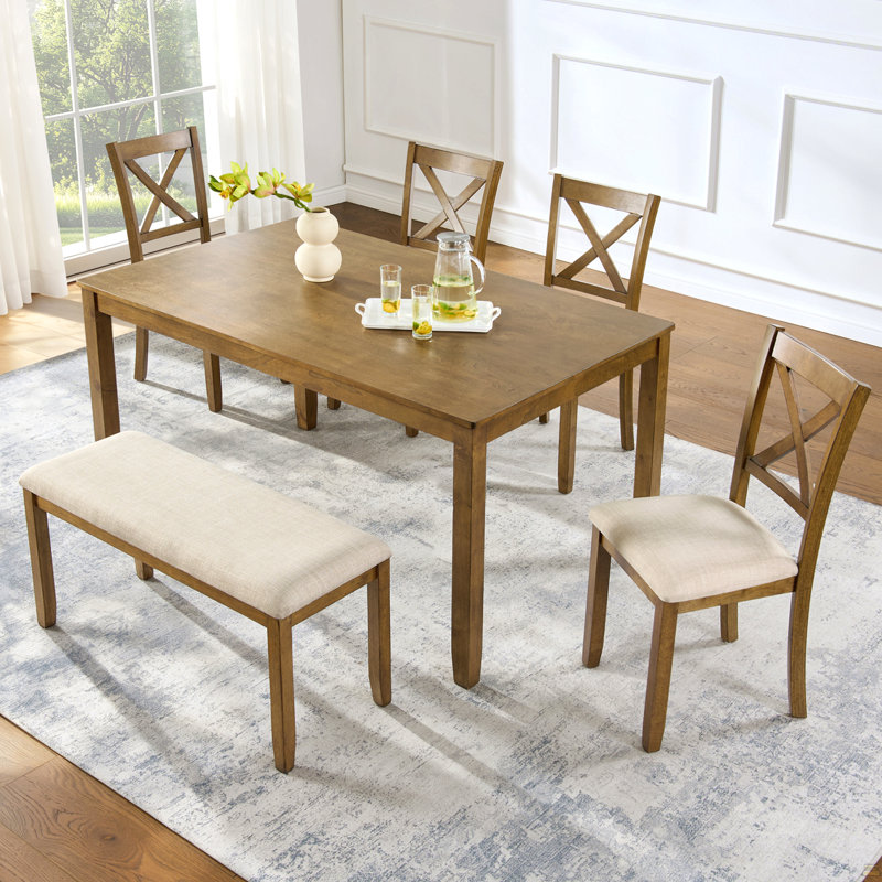 Ensemble de table de salle à manger en chêne 6 pièces - Grande table rectangulaire avec banc rembourré et 4 chaises à dossier en X, structure en bois d'hévéa massif, mobilier de cuisine de ferme pour les dîners de famille et les rassemblements