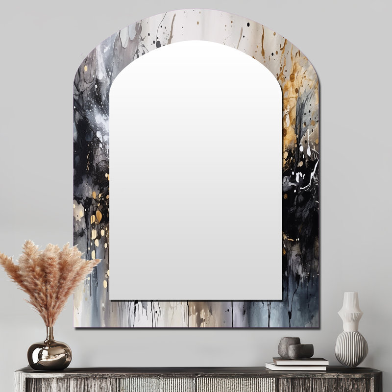 Grey Gold Delicate Abstract Brushstrokes III - Marble Asymmetrical Unique Wall Mirror, Modern Arch Mirror, Printed Metal Art