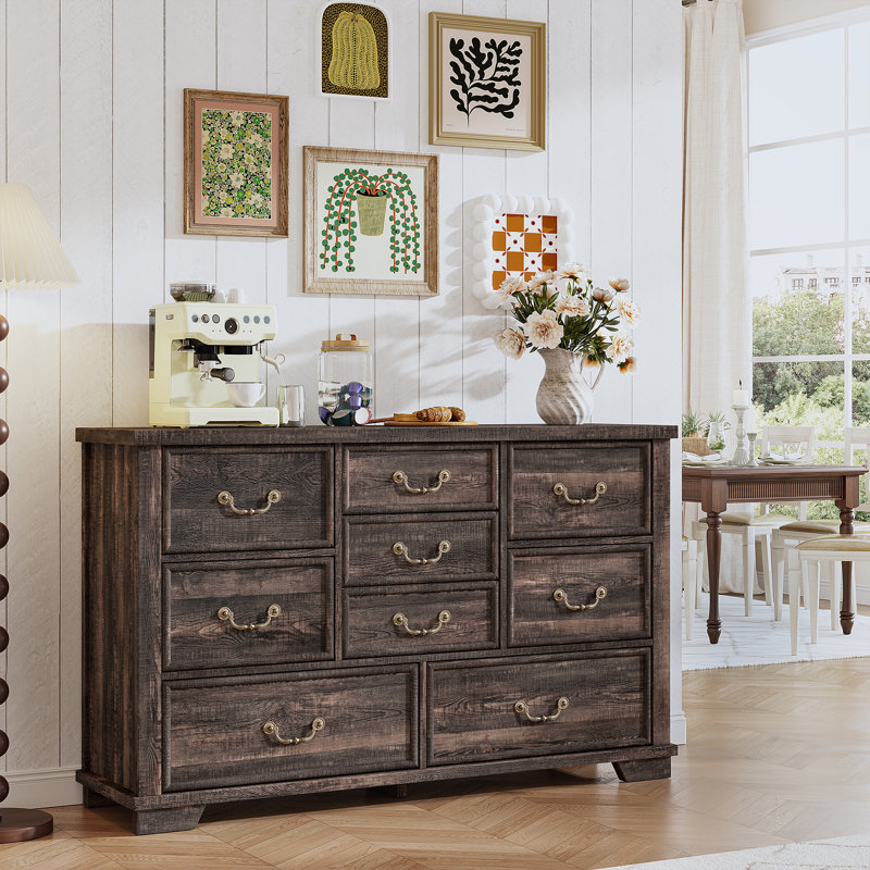 Dark Rustic Oak 9-Drawer Antique Wood Dresser with Metal Handles