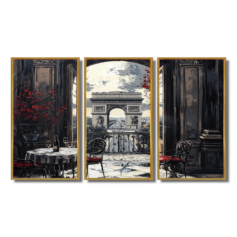 «Paris Terasse Red Arc De Triomphe - City Paris», ensemble de reproductions d'art mural, Toile avec cadre flottant or