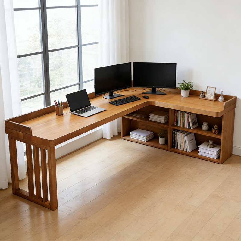 Bureau d'angle en bois massif en forme de L avec rangement ouvert, conception à rebords surélevés et espace de travail spacieux pour le bureau à domicile
