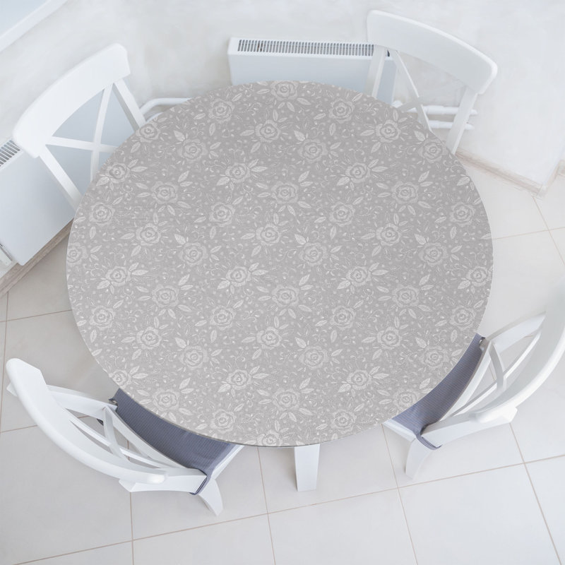Wrought Studio™ Floral Fitted Round Tablecloth Pale Taupe and Pearl 110143, 67.72" Round
