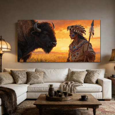 Large Native American Canvas Wall Art, Buffalo Hunter Picture Painting, Native American Decor, Canvas Poster Prints Artwork, Gallery Wrapped Canvas Ready to Hang for Living Room Bedroom Office Wall Decor, 28×58 Inches