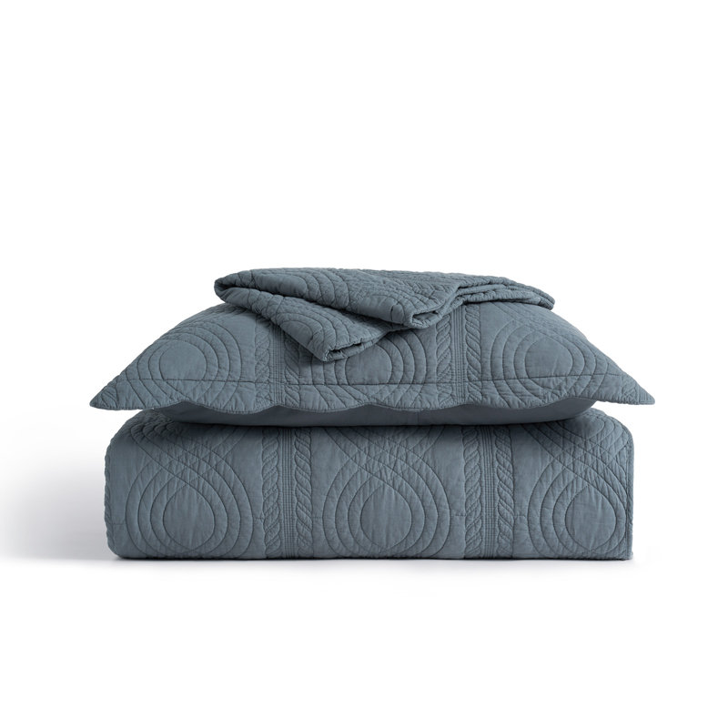 Scallop Edge 100% Cotton Quilt Set, Queen Quilt + 2 Queen Shams, Stormy Blue