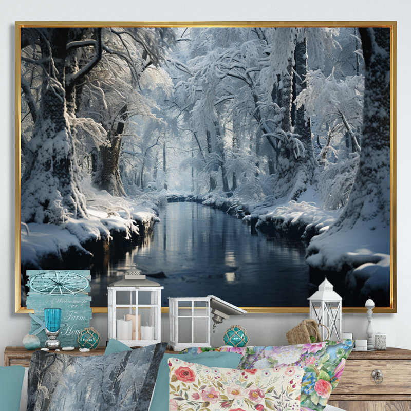 «Winter Silent Woods III - Winter Landscape», art mural, H 34 po x l 44 po x P 1,5 po, Cadre flottant doré