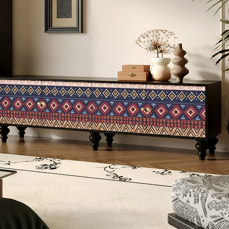 Pine Wood TV Stand with Printed Panel Design, 21.65" H x 70.86" L x 15.75" W