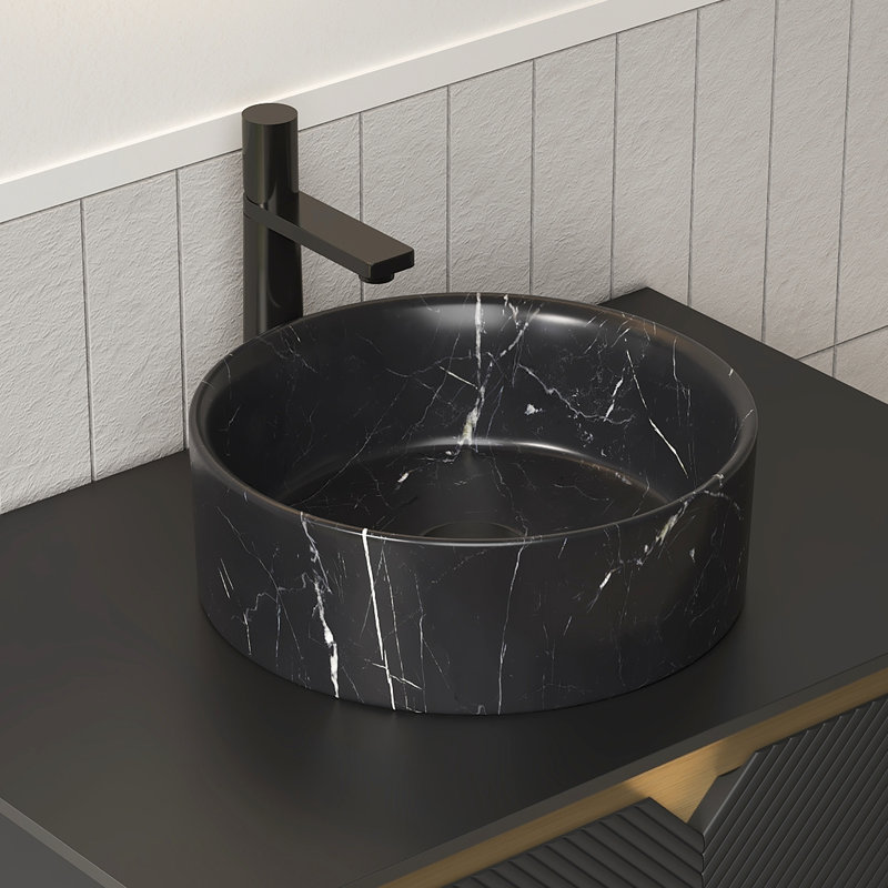 14'' Bathroom Round Ceramic Sink, Stone Pattern, Matte Black, And Atmospheric, Stain - , Easy To Care, 4.72 In Height, 14.52 Depth Basin With Hazy Gray Veined, Classic Shape, 15.19 Lb Weight