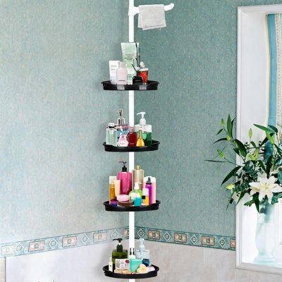 Meuble de rangement pour salle de bain en coin avec étagère de rangement pour salle de bain avec tablettes réglables à 4 niveaux, tablette de douche Conner avec coussin en caoutchouc, hauteur de 101,6 po à 122 po, noir et blanc