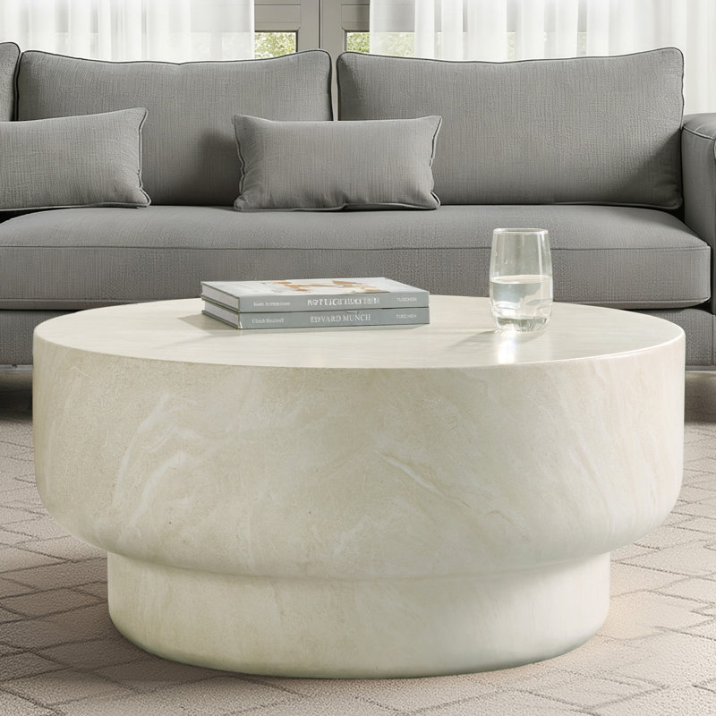 Watterson Amagoya Modern 32"W Marble Concrete Top Full Assembly Round Coffee Table, Beige