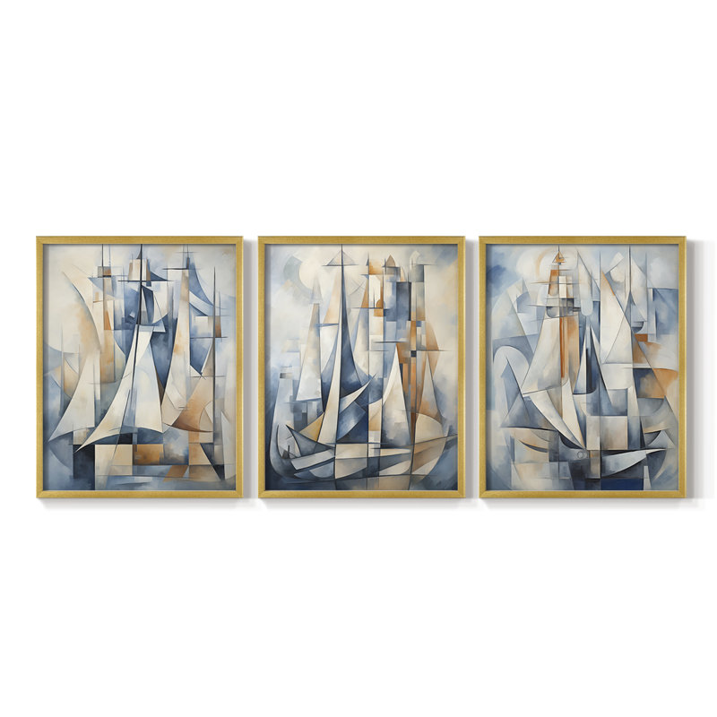 Série Sea and Shore XCVII - Ensemble de 3 estampes numériques encadrées - Prêt à être accroché, Doré, H 20 po x l 48 po