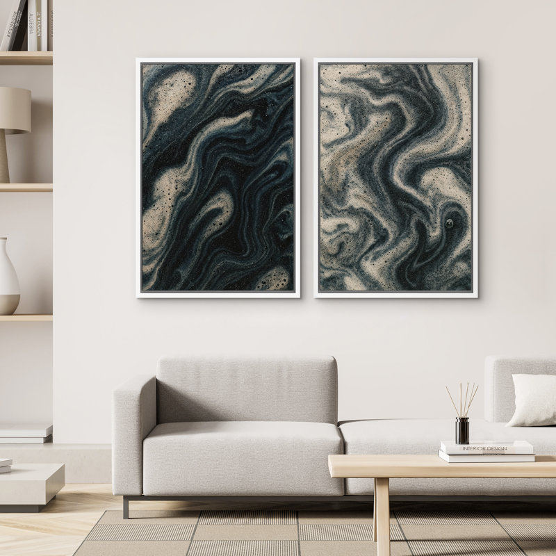 Art mural abstrait, ensemble de 2 reproductions d'art encadrées sur toile, H 24 po x l 32 po, Blanc