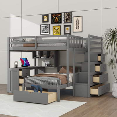 Full Over Twin Bunk Bed With Integrated Desk, Drawers, And Multiple Shelves