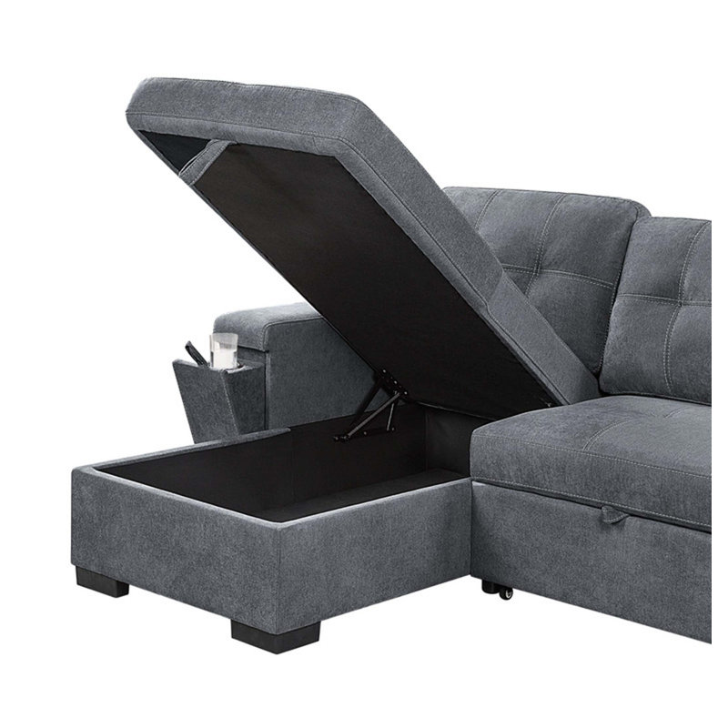 Toby 95" Woven Fabric Reversible Sleeper Sectionals Sofa with Storage Chaise Cup Holder Charging Ports and Pockets