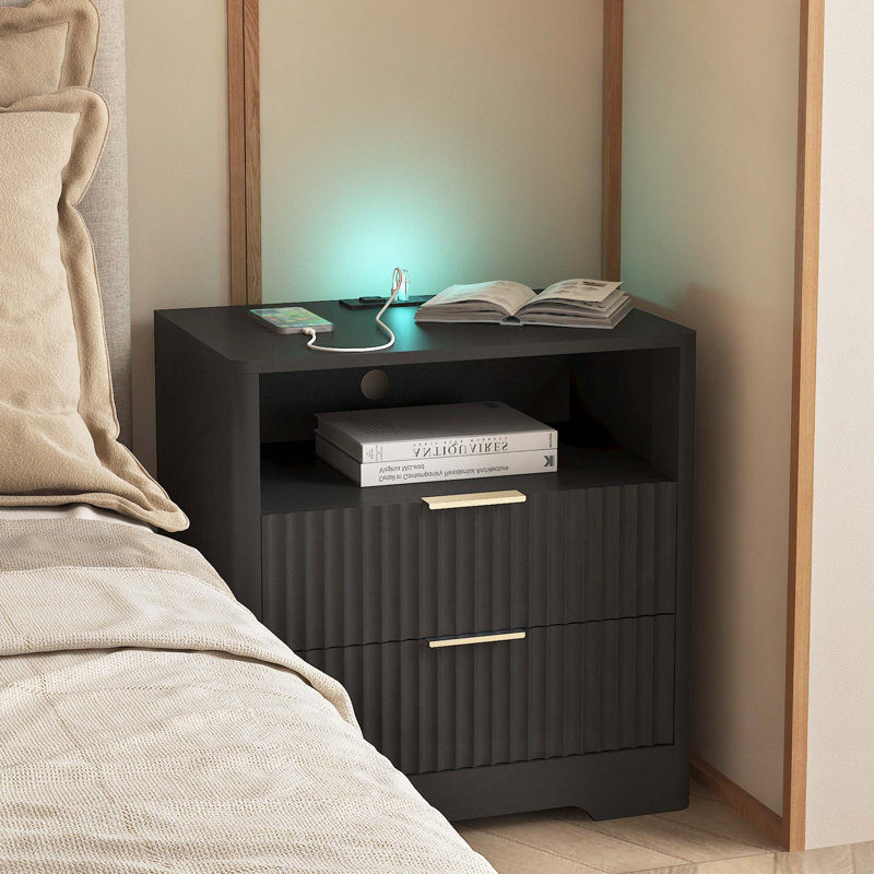Table de chevet intelligente avec station de charge, veilleuse, lumières DEL et tiroirs, Black